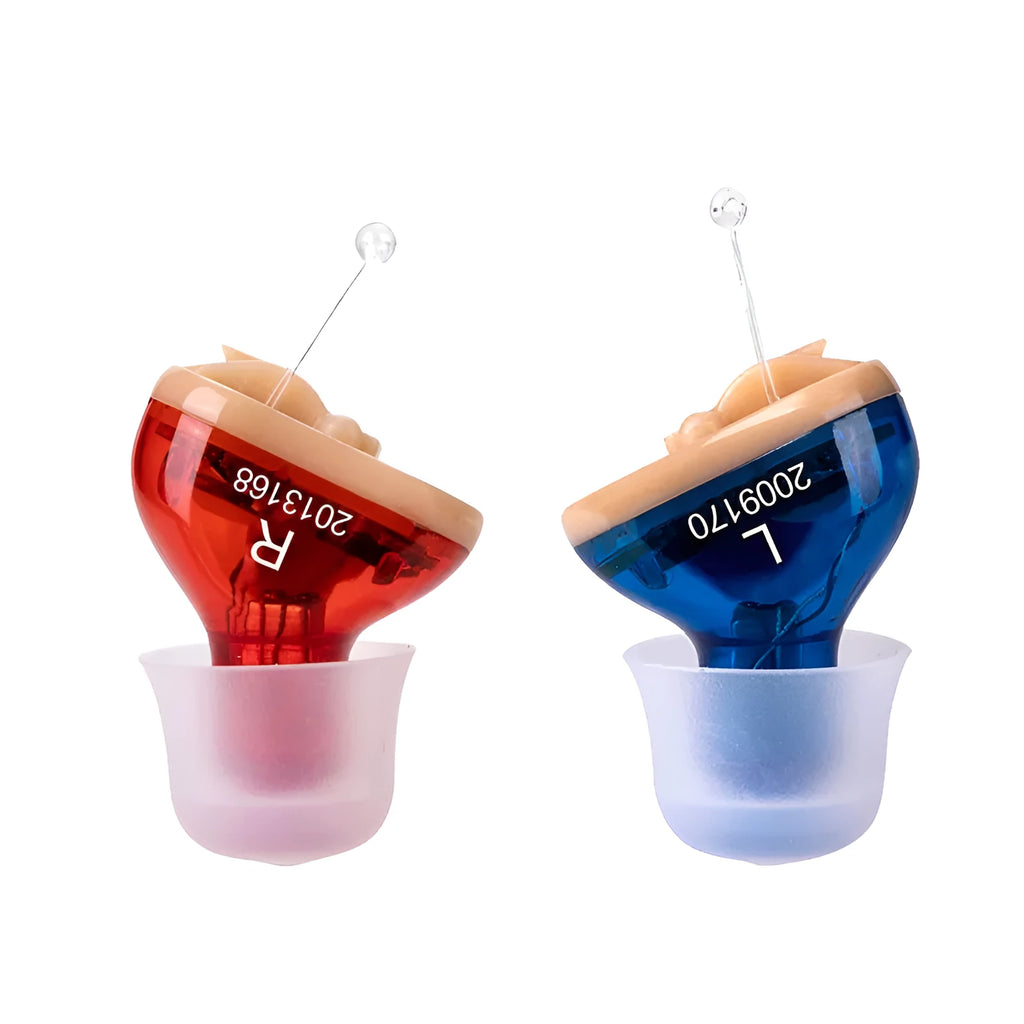 Q10 CIC hearing aid in red and blue colours showing compact 1.8cm x 1.2cm x 0.9cm size with included accessories