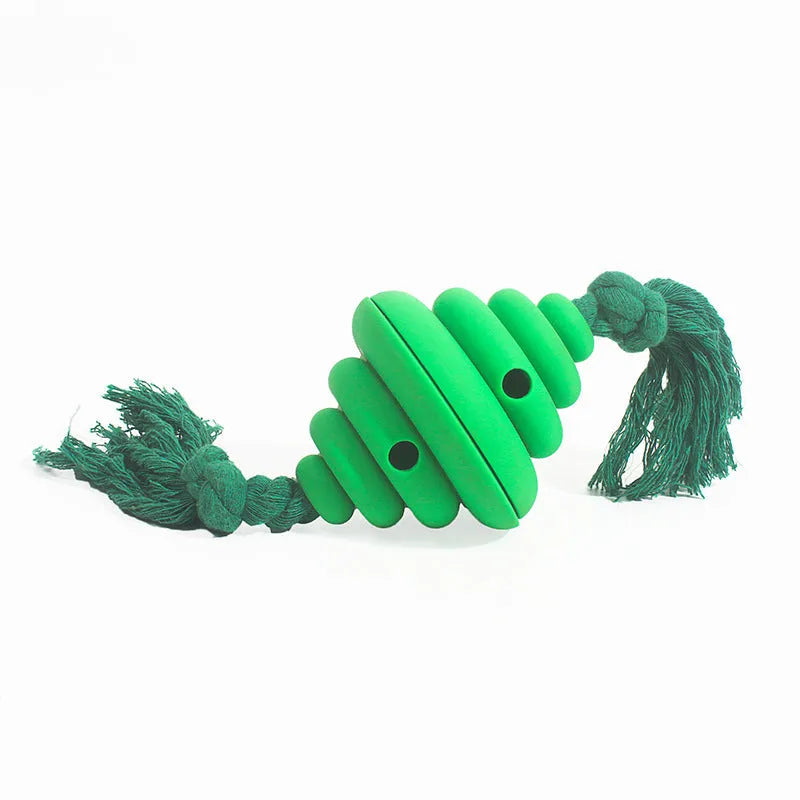 Green and yellow dog ball with rope attachment for large breed interactive play and treat dispensing