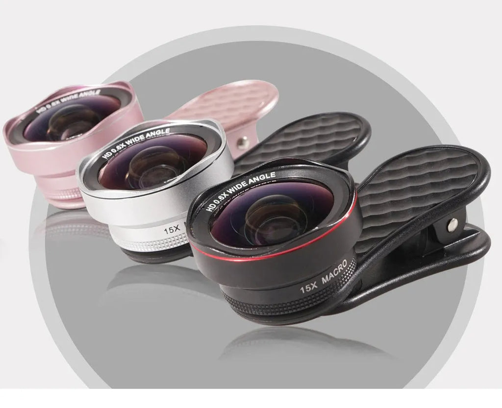 Black wide-angle and macro mobile phone lenses with clip and storage box on a table