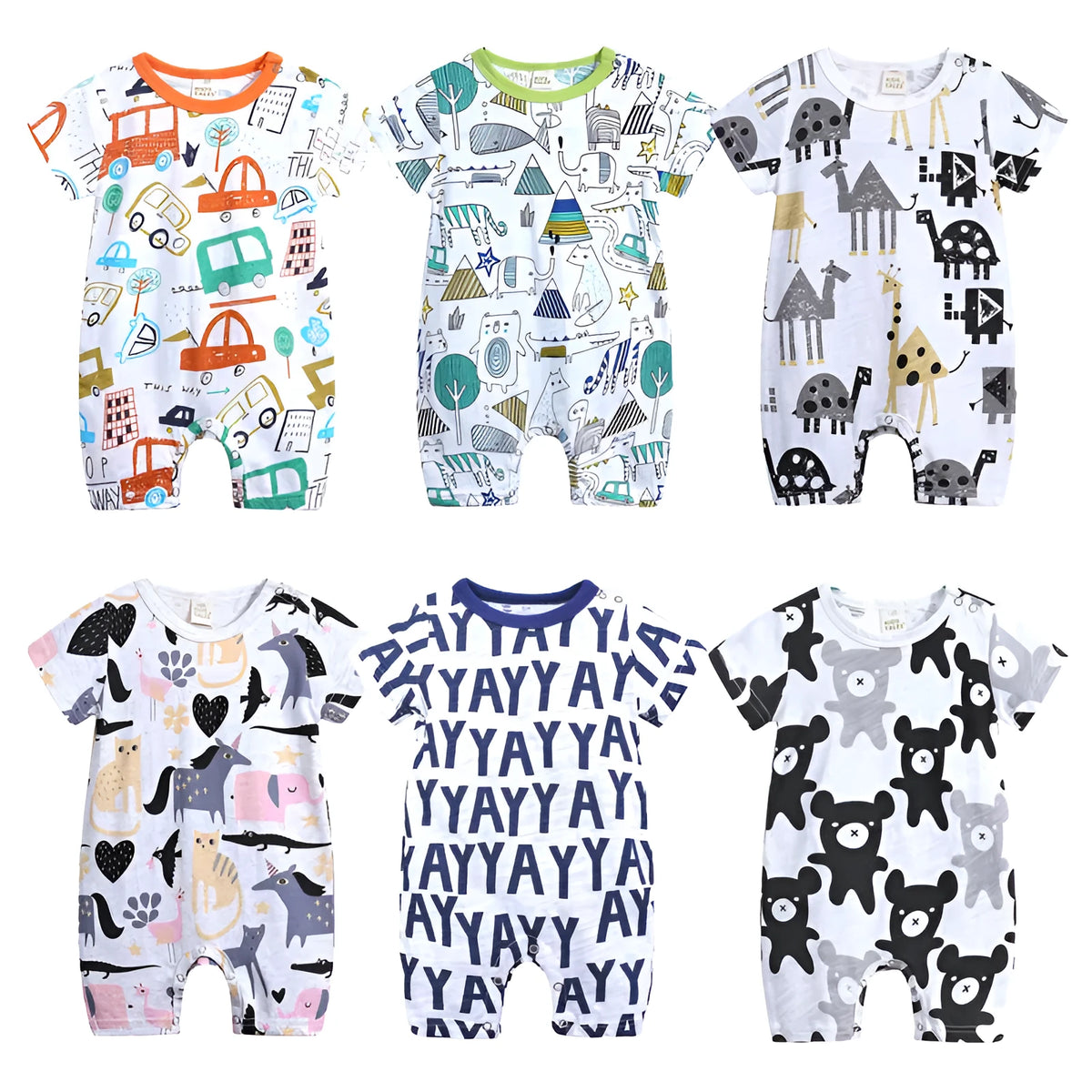 Cotton short sleeve baby romper with concealed buttons, cartoon doodle print, sizes 59cm to 90cm