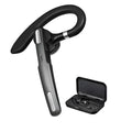 Black mono Bluetooth headset with a hanging ear hook design, shown on a grey background.