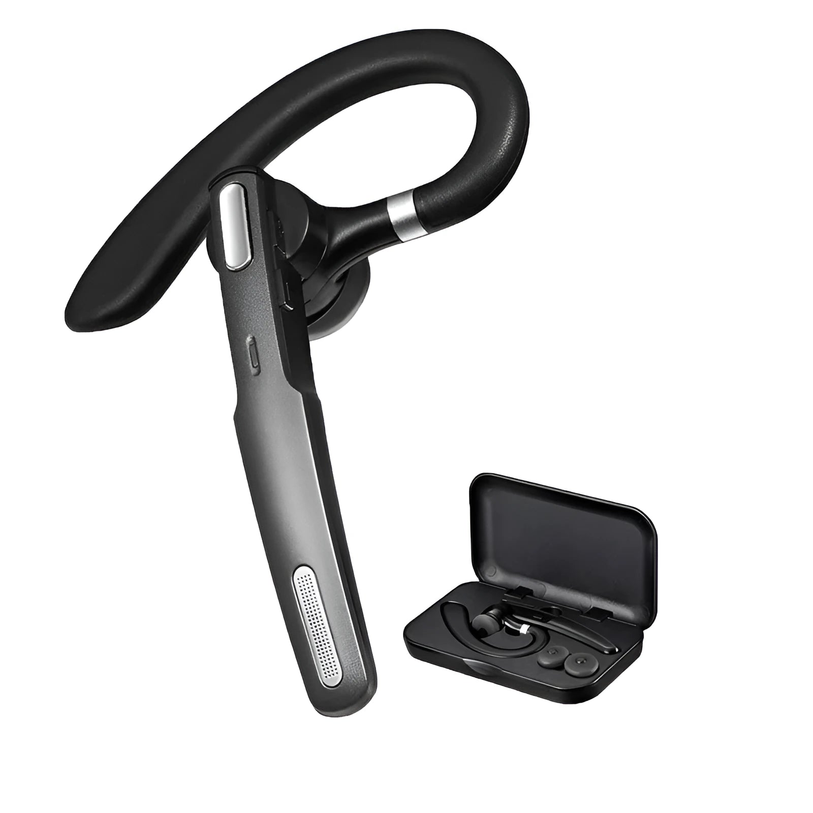 Black mono Bluetooth headset with a hanging ear hook design, shown on a grey background.