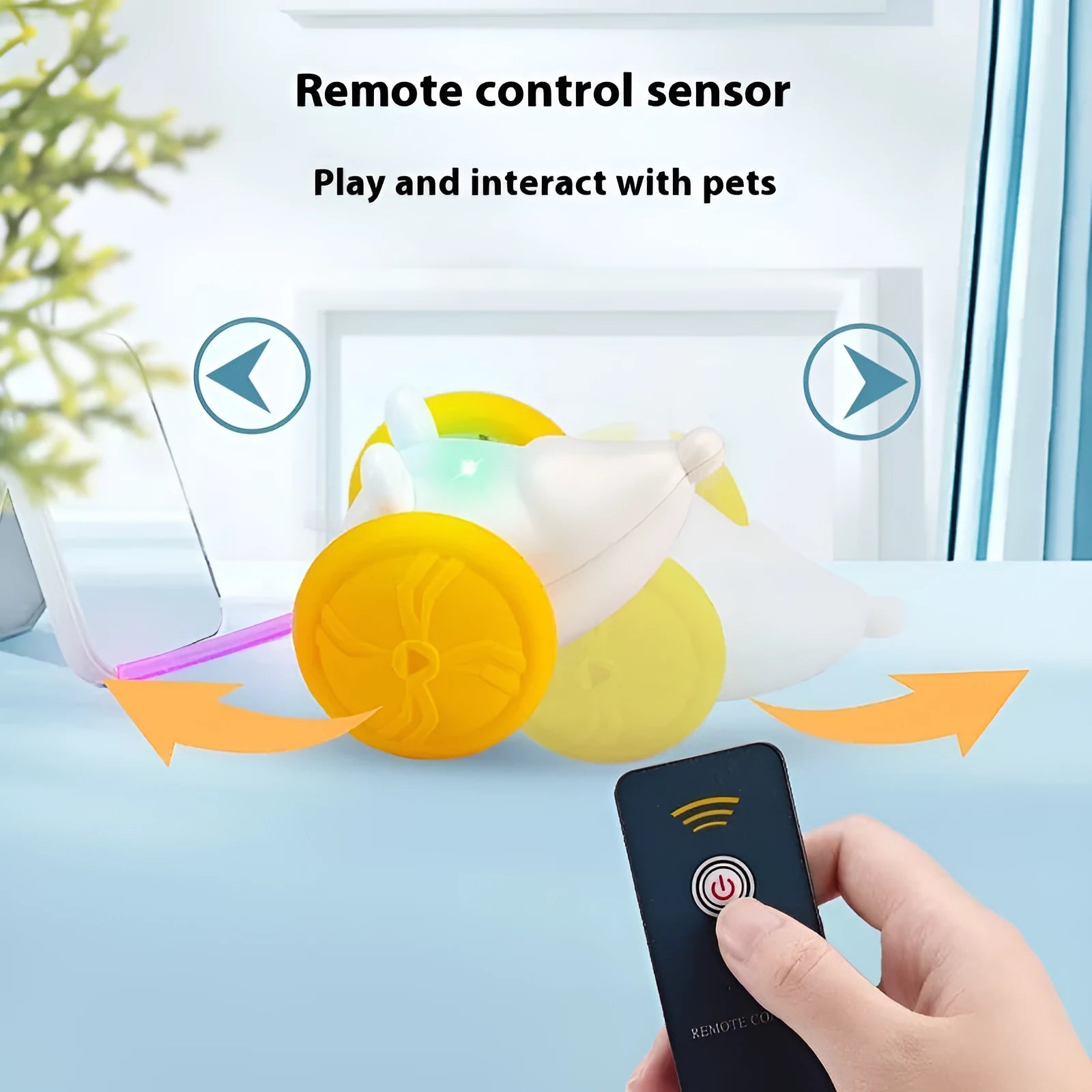 Electric cat toy mouse with remote control in blue or yellow technical mouse design