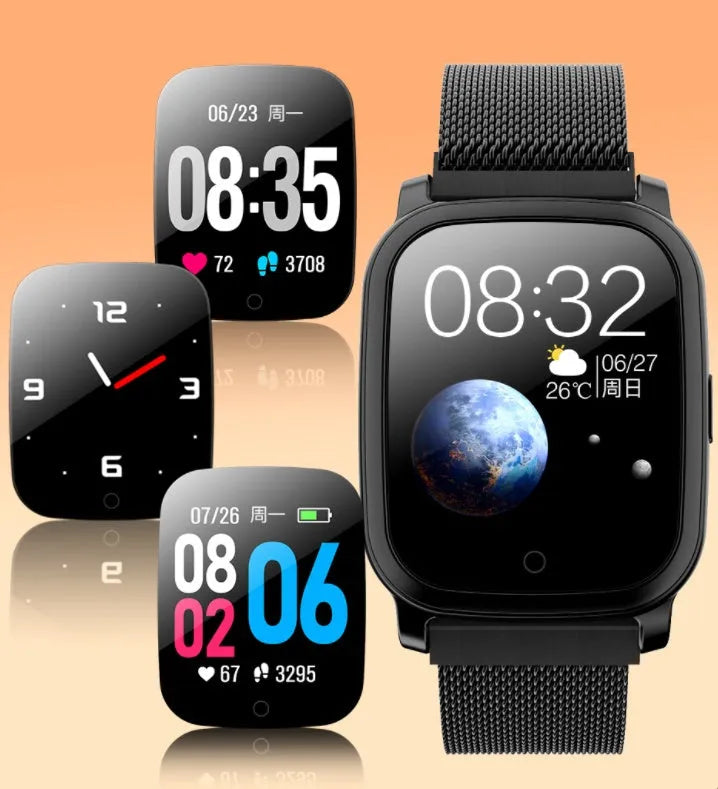 Black and silver smart pedometer watch with temperature display on 1.3-inch screen.