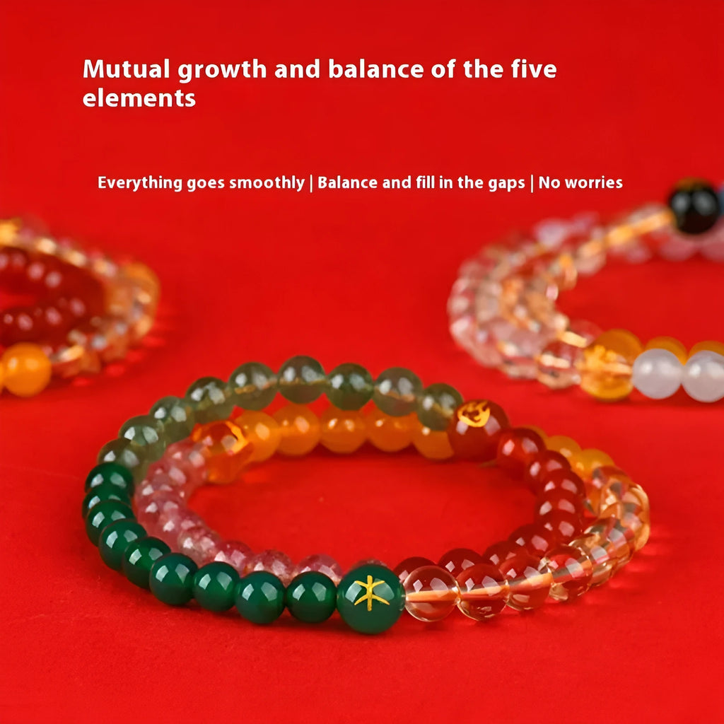 Handmade women's natural duobao crystal bracelet with double ring geometric design in five elements colours