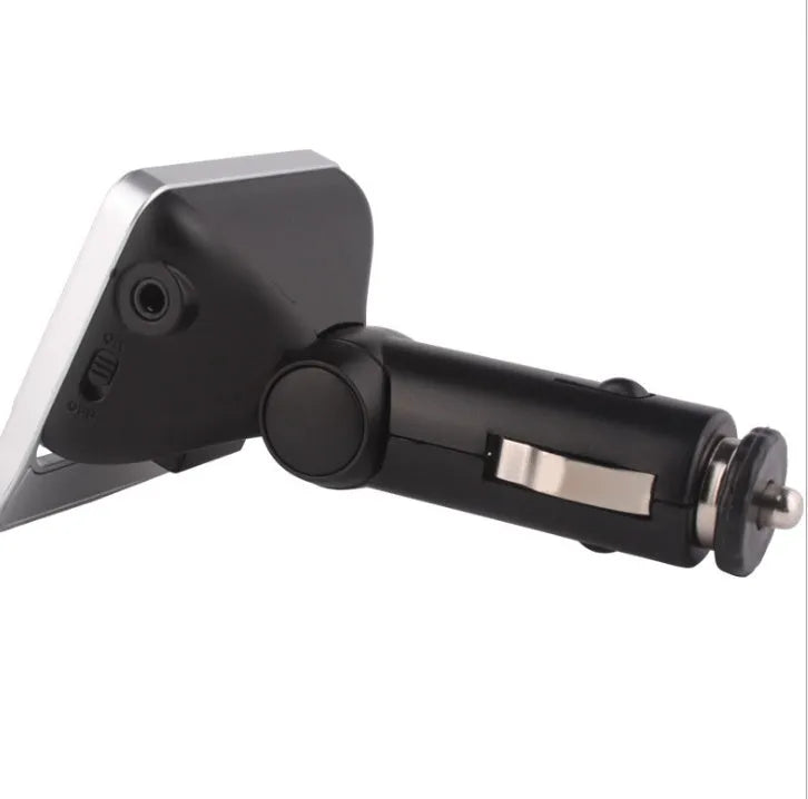 Silver car Bluetooth MP3 player with monochrome screen and FM transmitter for hands-free calling