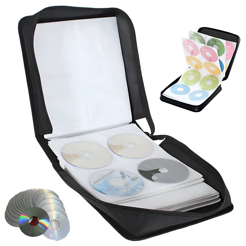Black Oxford fabric CD DVD storage wallet with top hand strap and zip closure.