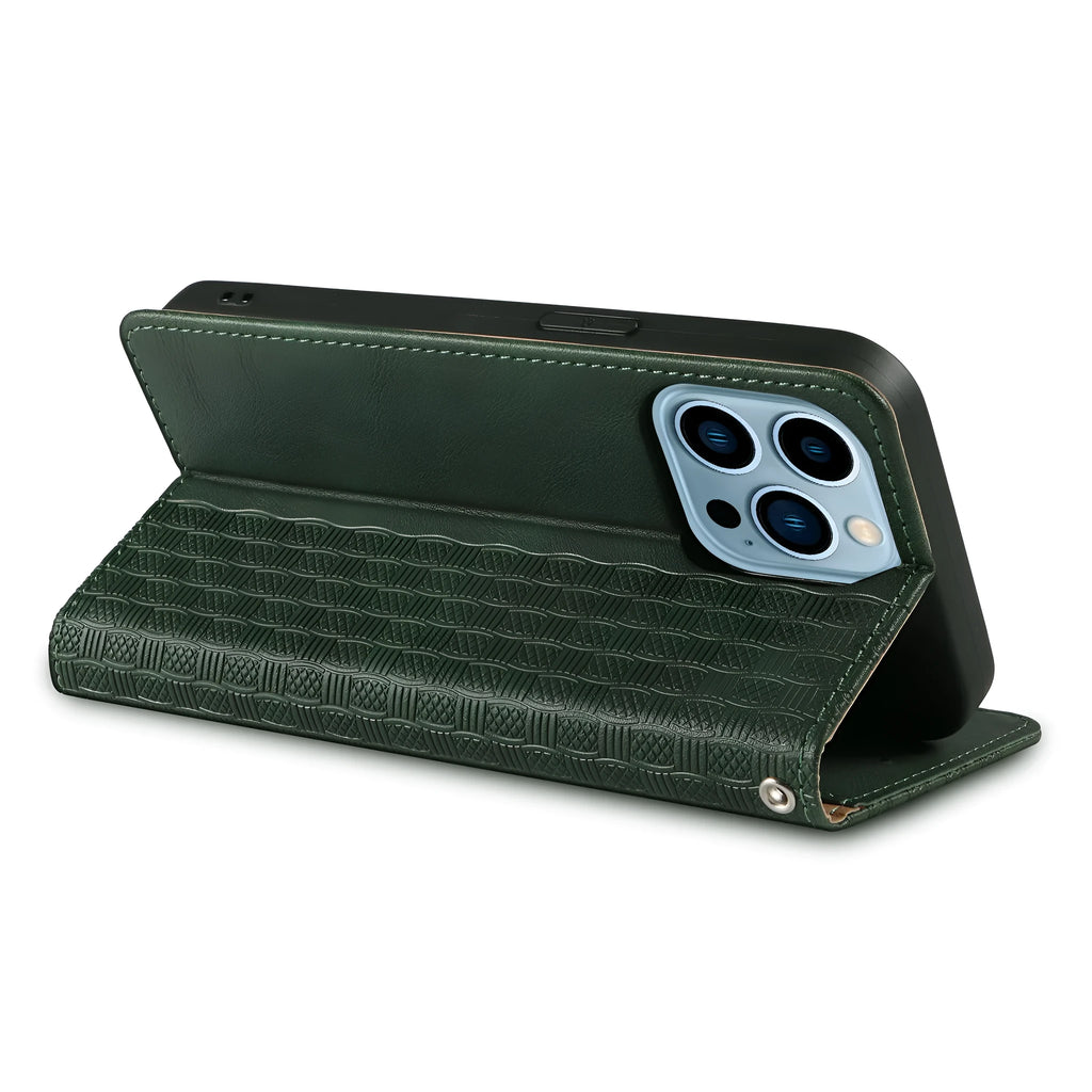 Embossed leather-look flip phone case for iPhone in black, shown open and closed.