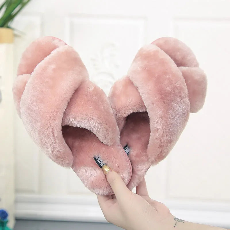 Women's cross strap open-toe fur slippers with non-slip rubber soles in multiple colour options
