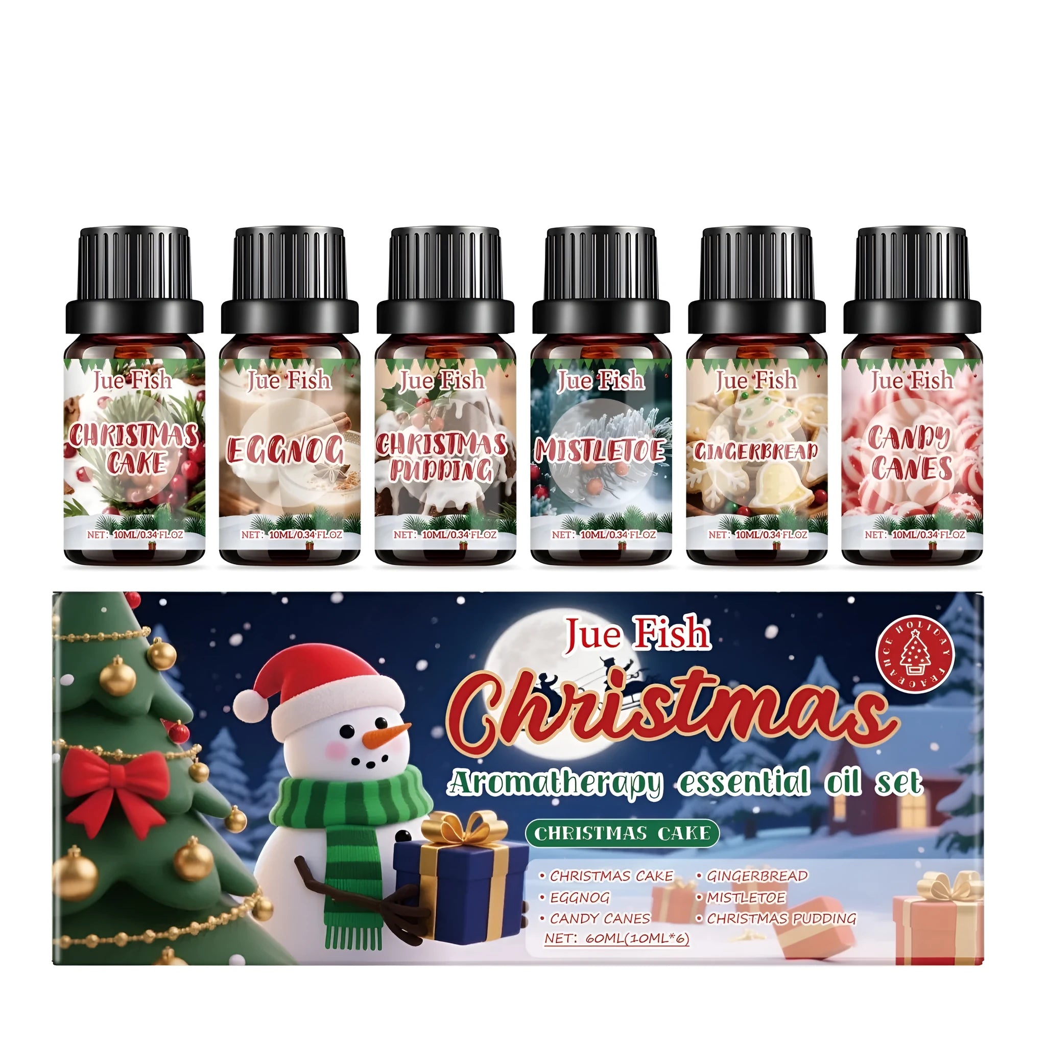 Christmas essential oil set with six 10ml bottles of festive fragrances in gift box