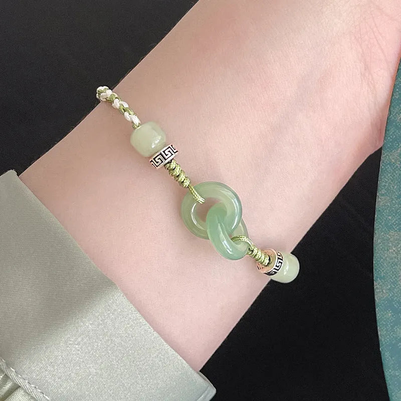 Green jade buckle women's bracelet with double ring design and copper construction