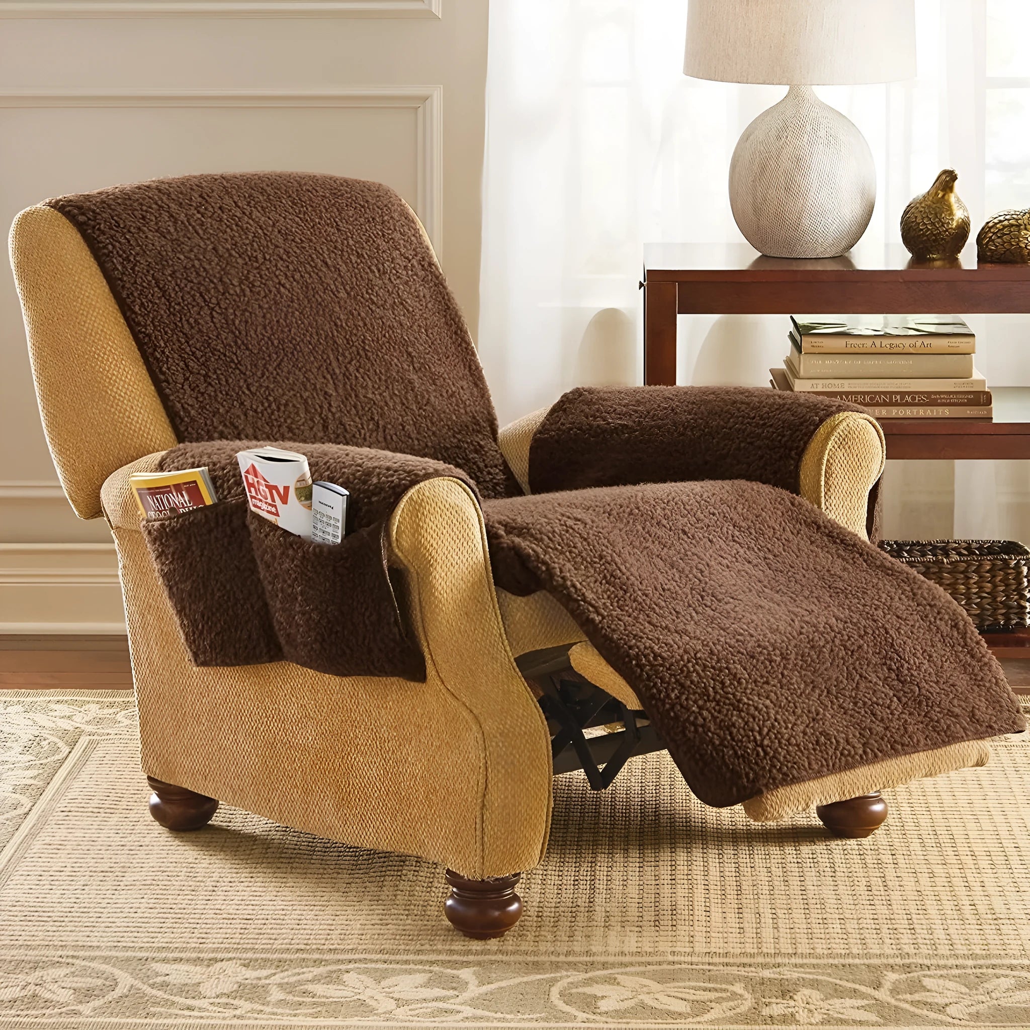 Polyester sofa cushion slipcover in a lamb wool colour on a sofa, showing its universal fit.