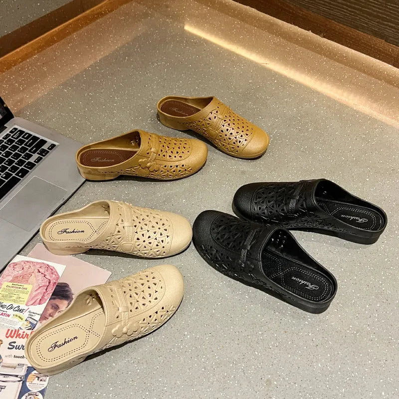 Flat toe box fairy style half slippers in apricot, black, and brown colours with hollow-out design.