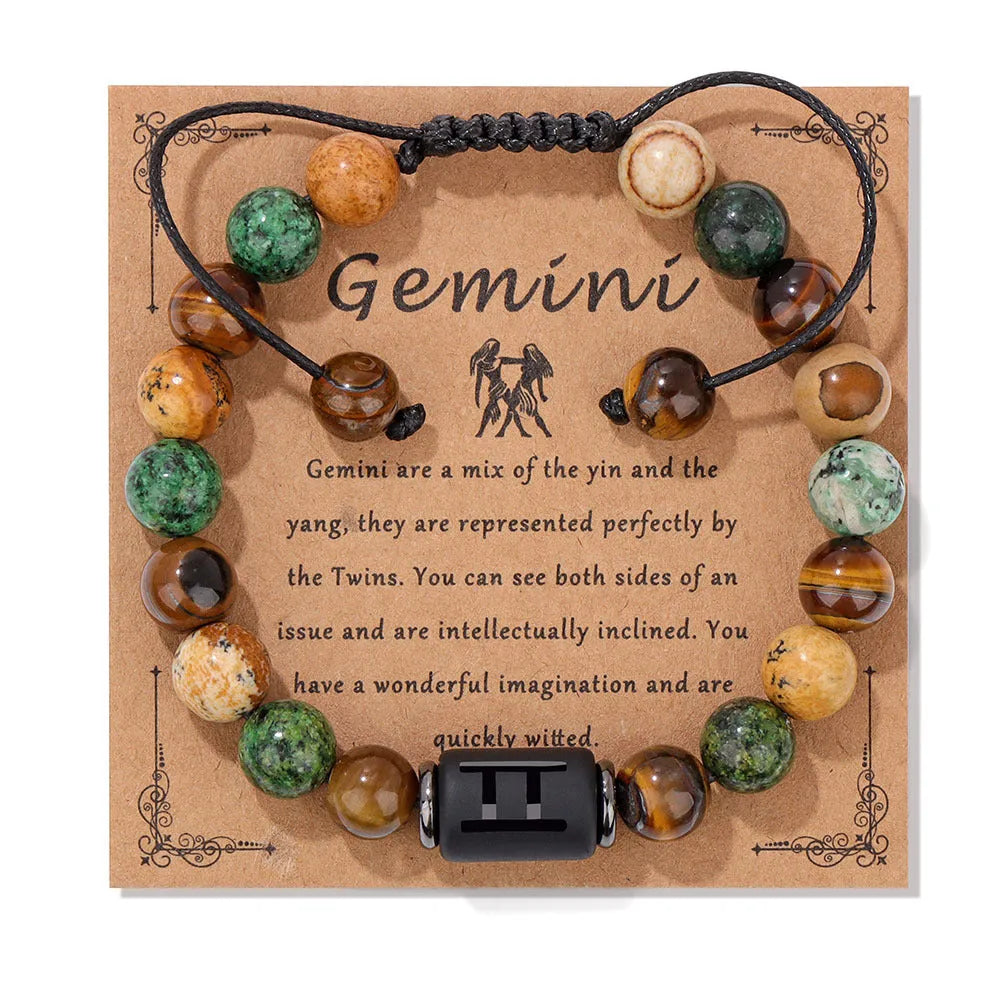 12 constellation woven men's retro natural stone bracelet with agate beads, 19cm length, unisex zodiac design