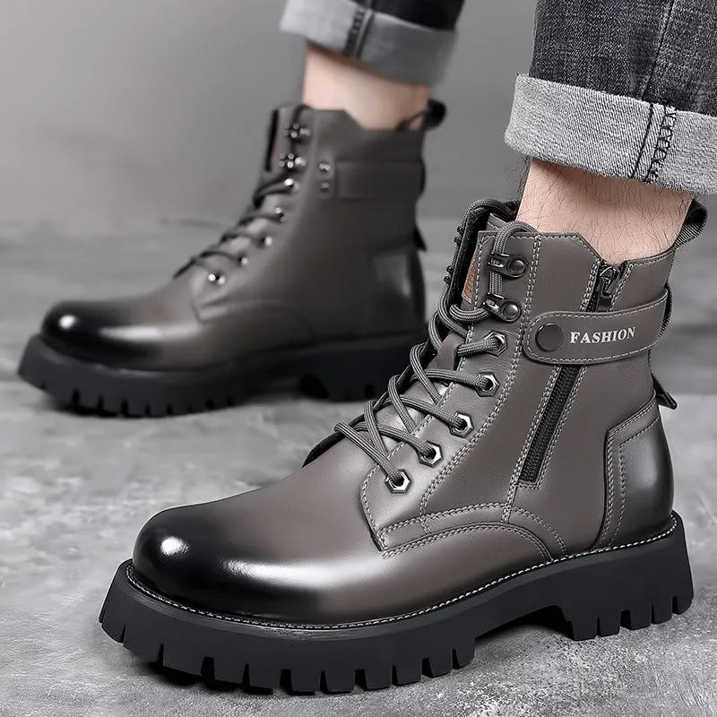 Men's light brown high-top Martin boots with thick rubber sole and side zipper