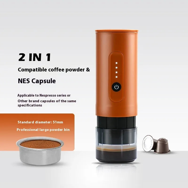 Portable stainless steel coffee machine with car charger compatibility in three colour options