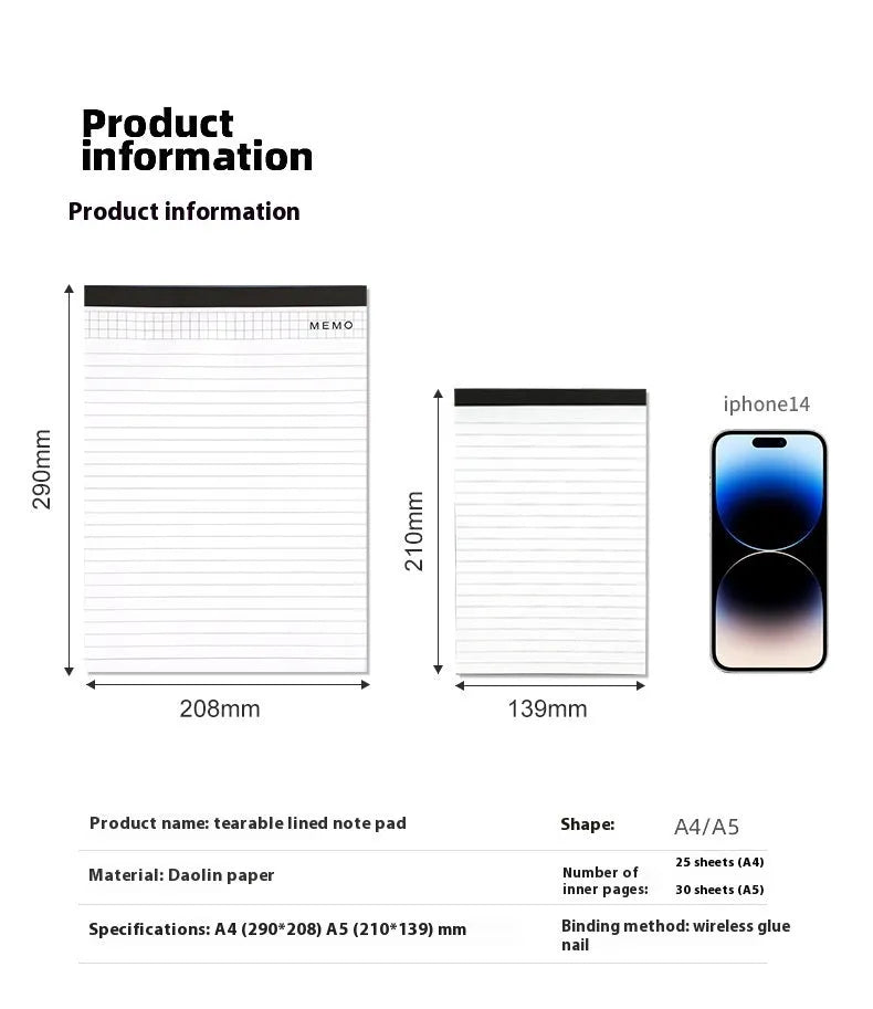 A4 tear-off meeting notebook with grid format pages and adhesive binding