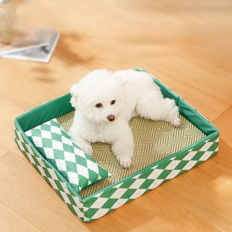Blue rattan cat bed with removable cushion showing size options from small to extra large