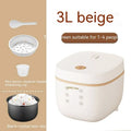 White or beige 3L rice cooker with black inner pot, rice scoop, measuring cup and steamer basket