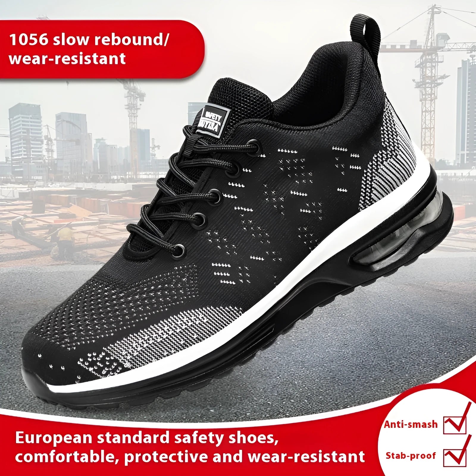 Men's black steel-toe protective work shoes with low-top design and anti-piercing sole