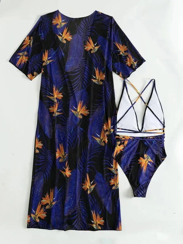 Women's patterned three-piece swimsuit set with bikini and cover-up coat on a mannequin.