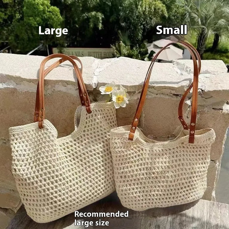 Beige woven cotton linen shoulder bag with spacious interior for beach holidays
