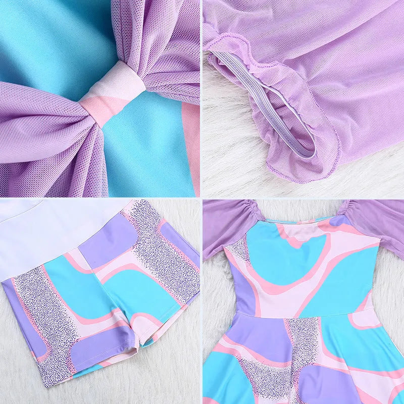 Women's floral high-waist one-piece swimsuit in light purple or light blue pattern