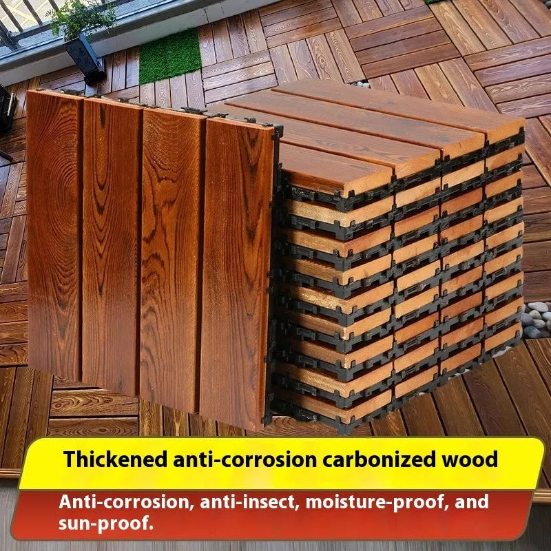 Four square camphor pine wood flooring tiles with a brushed finish, each measuring 30cm by 30cm.