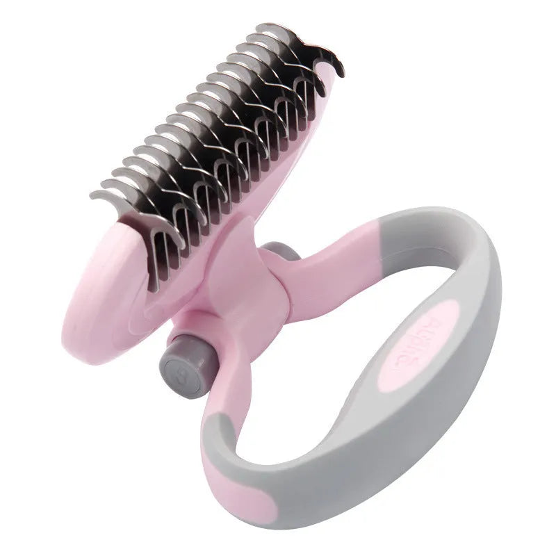 Dog comb knot remover with dual density heads and multi-angle rotation in white, blue, pink colour options
