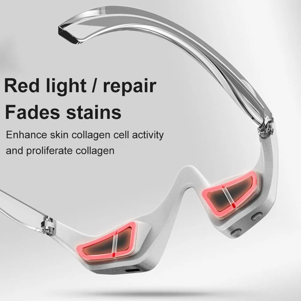 Pink and white 3D micro-current eye massager with glasses-style design on a stand.