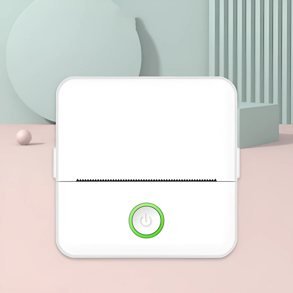 Portable thermal printer in white and pink with Bluetooth and USB charging cable