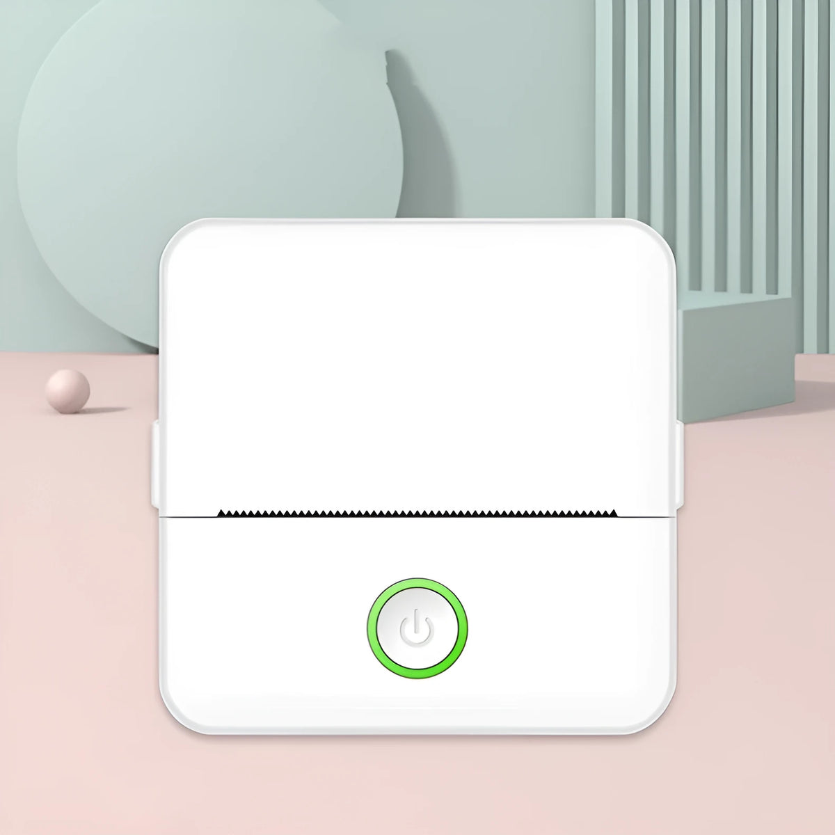 Portable thermal printer in white and pink with Bluetooth and USB charging cable