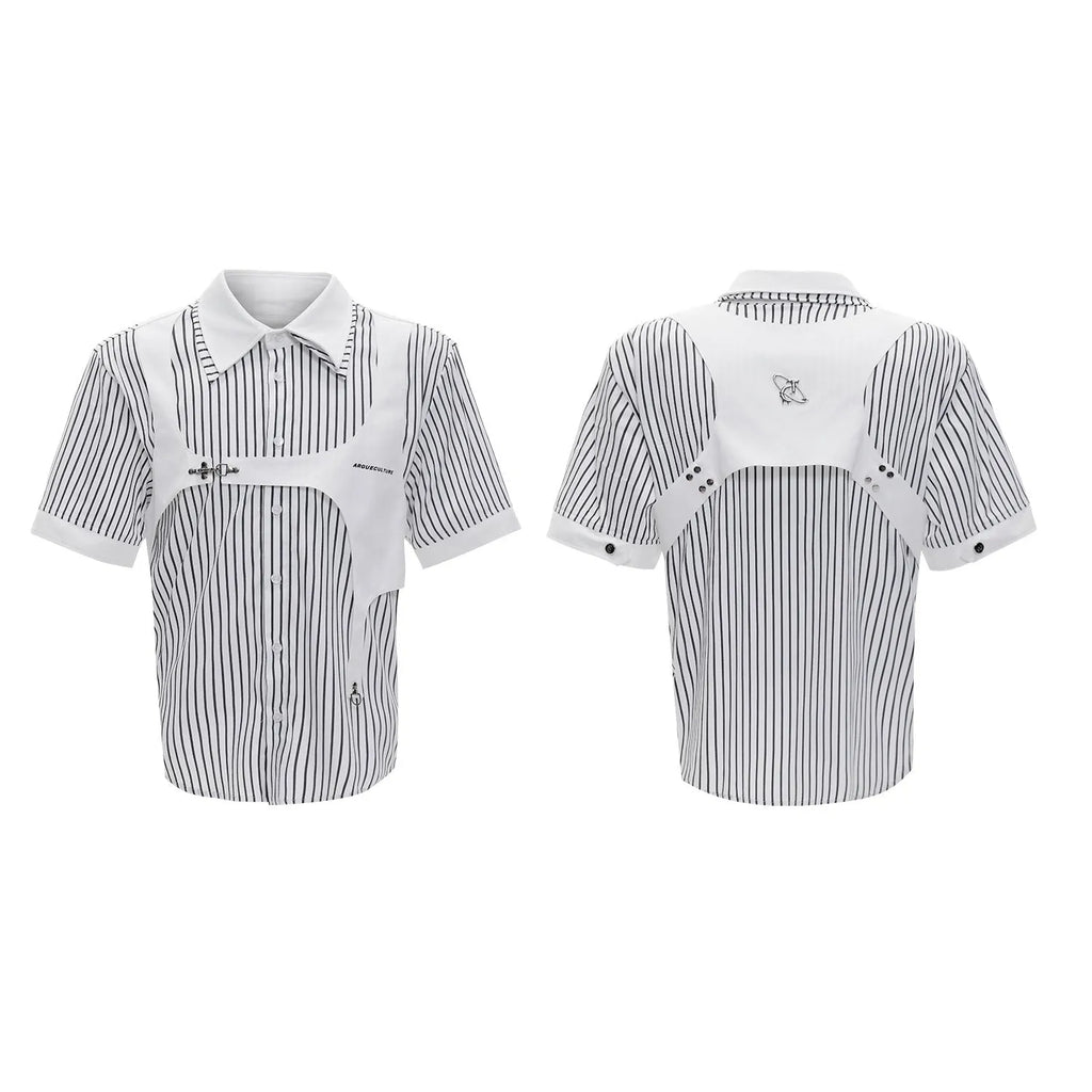Men's black and white striped cotton shirt with double collar lapel design and short sleeves