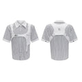 Men's black and white striped cotton shirt with double collar lapel design and short sleeves