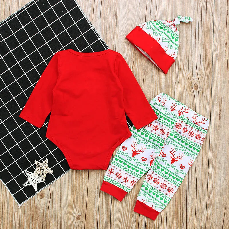 Red cotton baby three-piece suit with long sleeve jumpsuit, pants, and hat featuring letter print