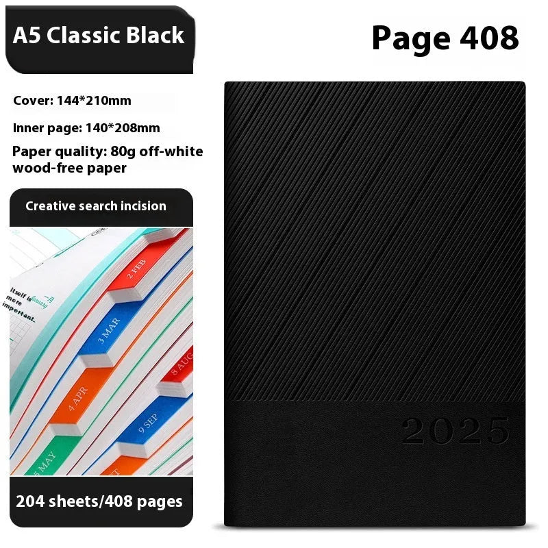 A4 notepad with striped PU leather cover open to show wood-free paper, available in eight colours.