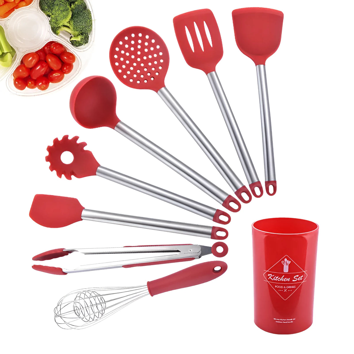 Silicone kitchenware set with stainless steel tube handles includes soup spoon, spaghetti claw, food clip, spatulas, hollow shovel, colander, egg beater in black and red