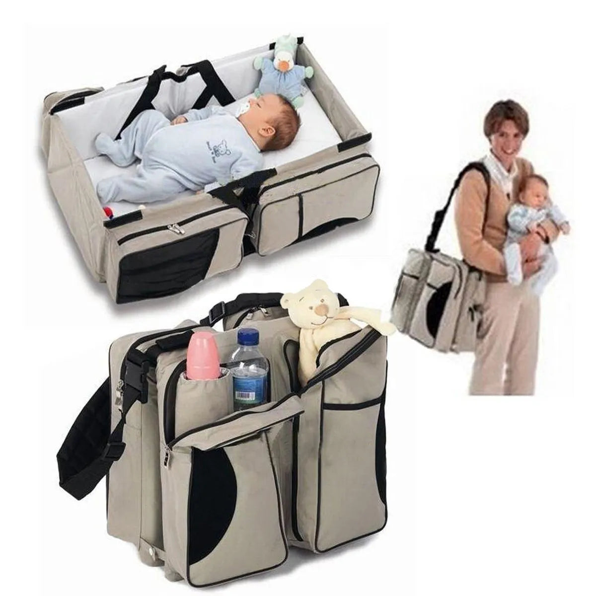 Baby portable travel bed mummy bag in 300D Oxford cloth, foldable design, shown in pink, red, dark blue, gray coffee, beige, gray blue, or coffee.