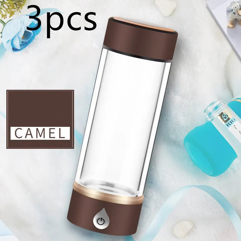 380ml hydrogen water ionizer bottle, 22cm x 7cm, glass or PC body, Black Blue Camel Red Silver