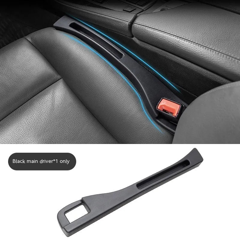 Black car seat gap storage box organiser between vehicle front seats with customisable handles
