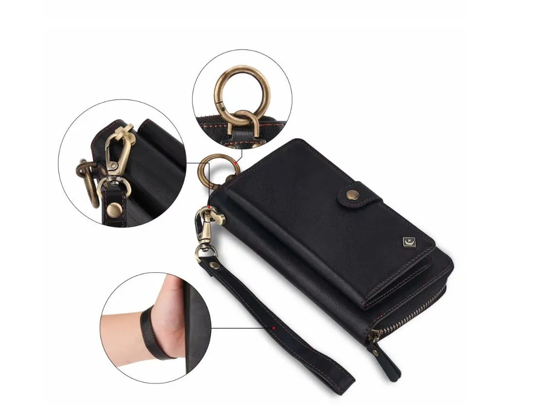 Black imitation leather zipper wallet phone case open to show card slots and phone space.