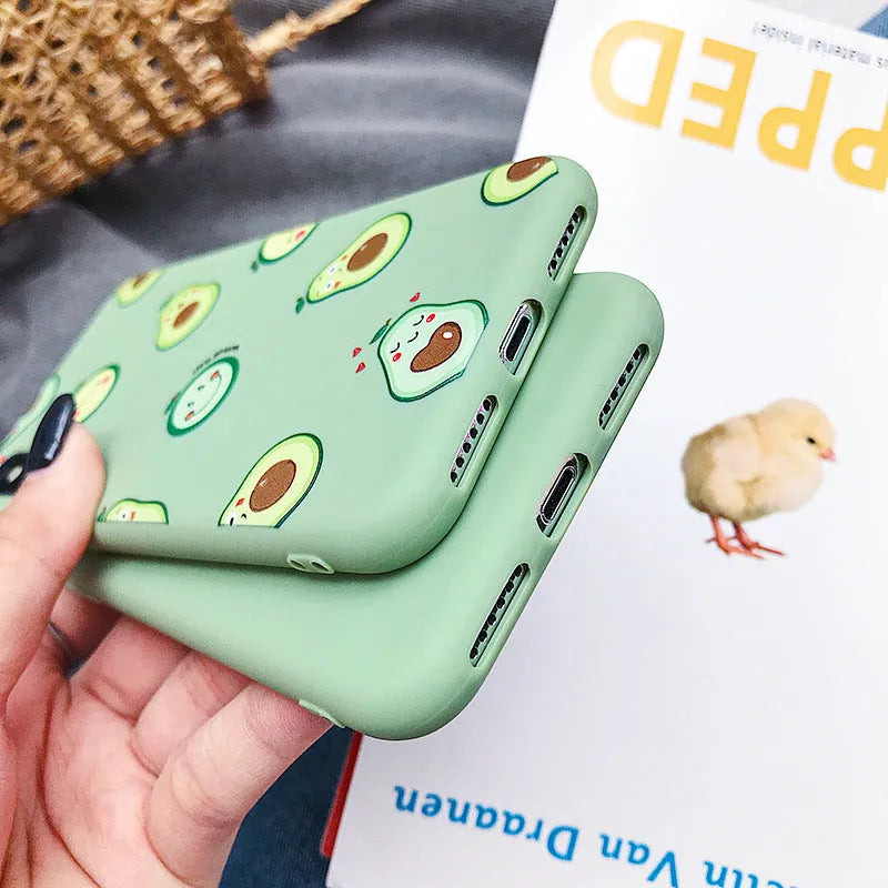 Green cartoon avocado design on a flexible TPU mobile phone case for Apple iPhone.