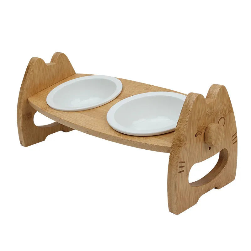 Height-adjustable ceramic double pet bowl with bamboo stand, separate bowls, non-slip base, original wood colour