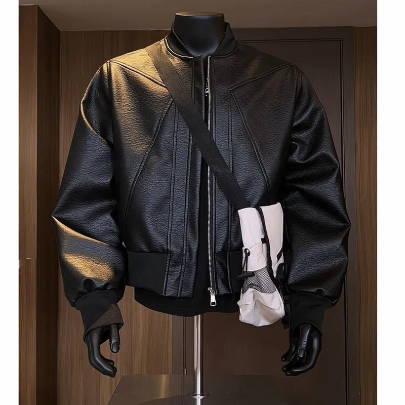 Men's extended length black PU leather jacket with litchi grain texture and light business style