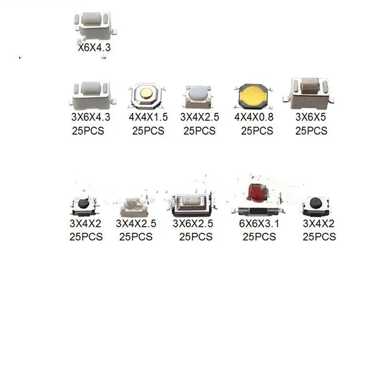 250 SMT touch switch buttons in organised box for industrial electronics assembly