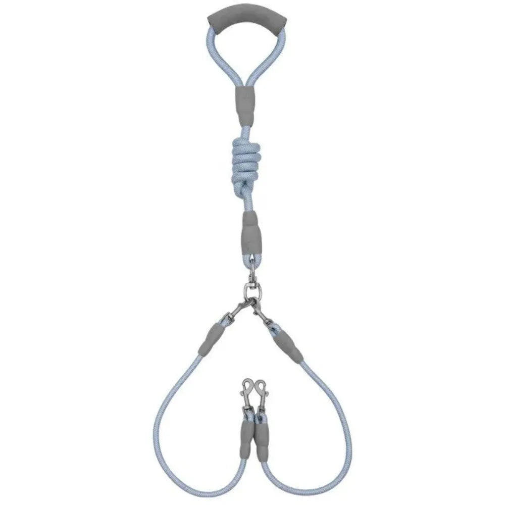Double dog leash for two dogs with foam handle in blue colour showing metal buckles