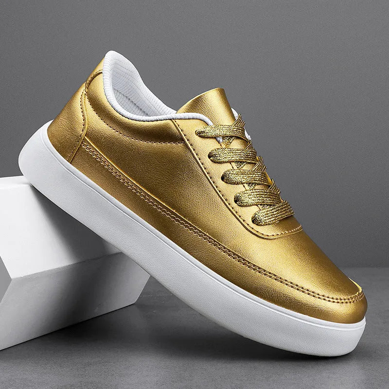 Women's white leather lace-up flat casual shoes shown from the side.