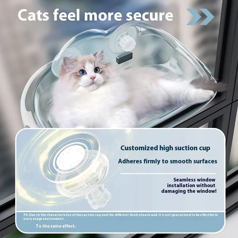 Wall mounted cat hammock with strong suction cups, detachable plastic bed, transparent colour, 52cm x 32cm x 20cm