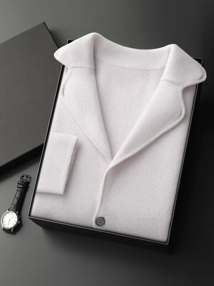 Men's loose fit cashmere cardigan sweater with lapel collar in light grey colour