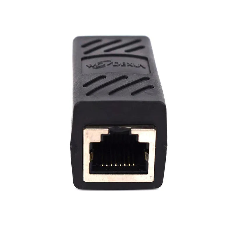 Black RJ45 female-to-female Ethernet cable extender coupler.